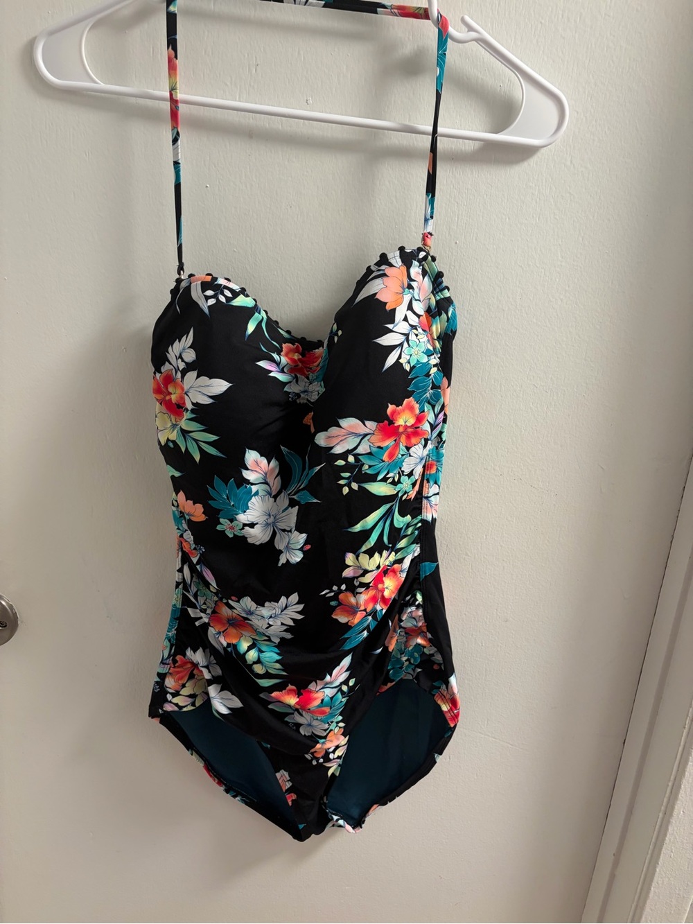 Tommy Bahama Black Floral One-Piece Swimsuit with Teal and Coral Accents
